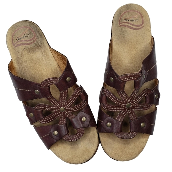 Dansko | Serena Brown Leather Etched Floral Slip On Wedge Sandals Women's 8.5 - Picture 6 of 13